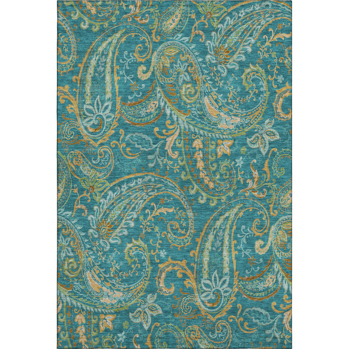 9' X 12' Paisley Distressed Washable Area Rug With UV Protection (648009) - Teal / Green / Gold