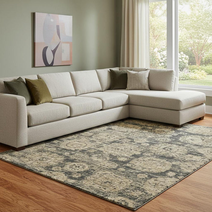 10' X 14' Floral Washable Area Rug With UV Protection (653194) - Charcoal / Brown