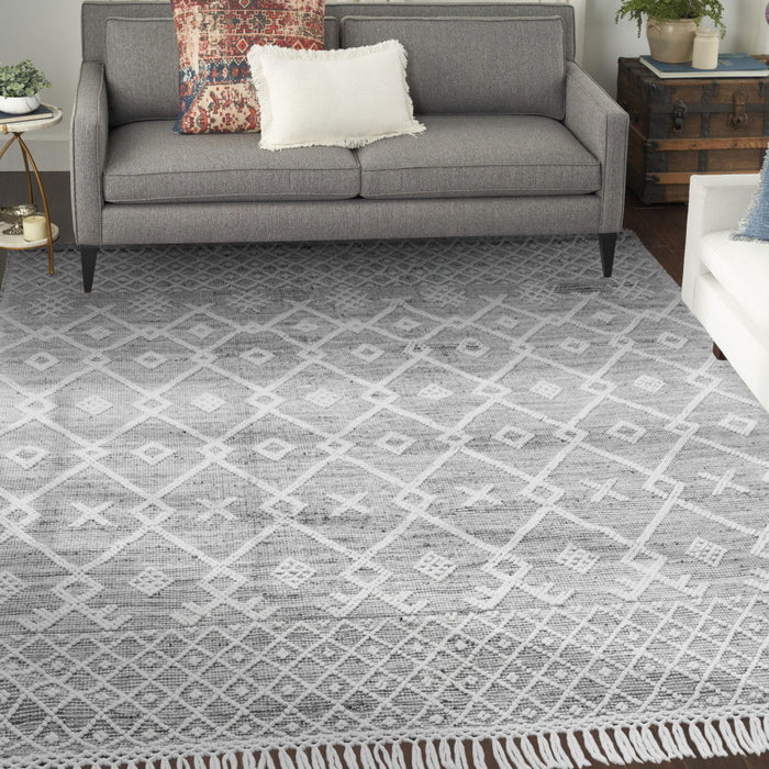 8' x 10.5' Geometric Hand Woven Area Rug With Fringe - Gray And Ivory