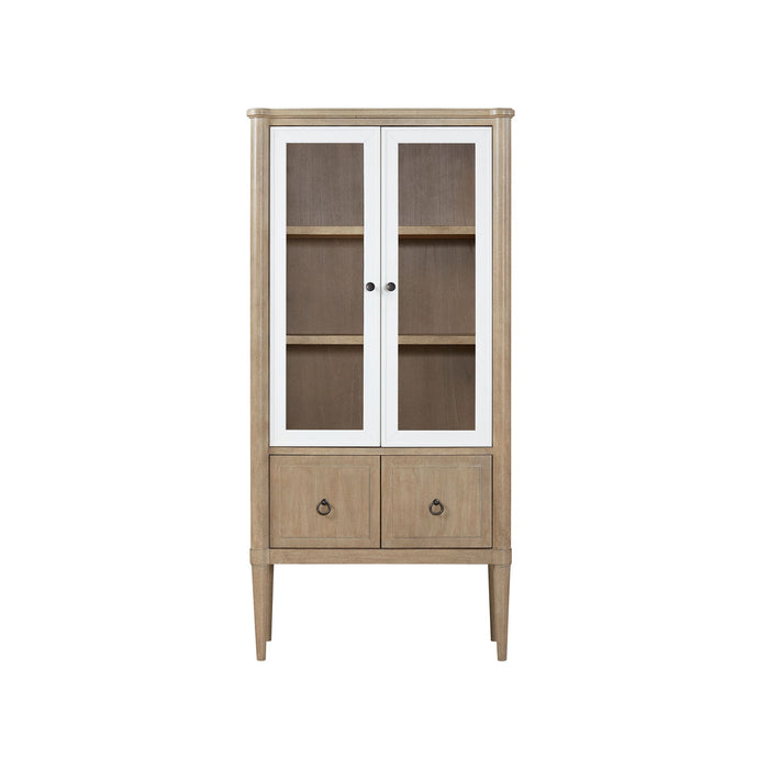 Bernards Furniture display bookcase in sand color, showcasing multiple shelves for storage and display.