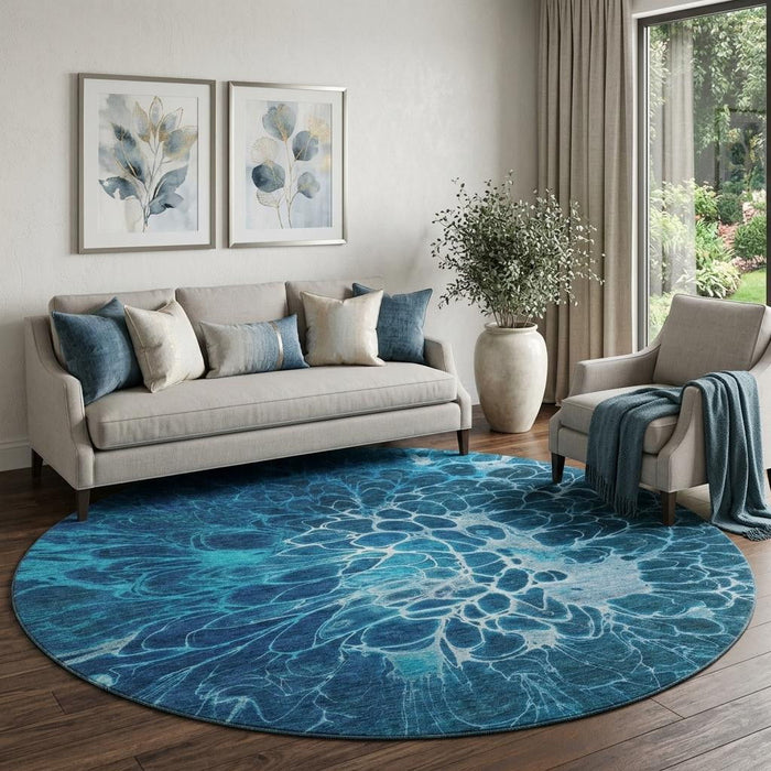 8' Abstract Washable Round Rug With UV Protection (654575) - Navy Blue / Ivory