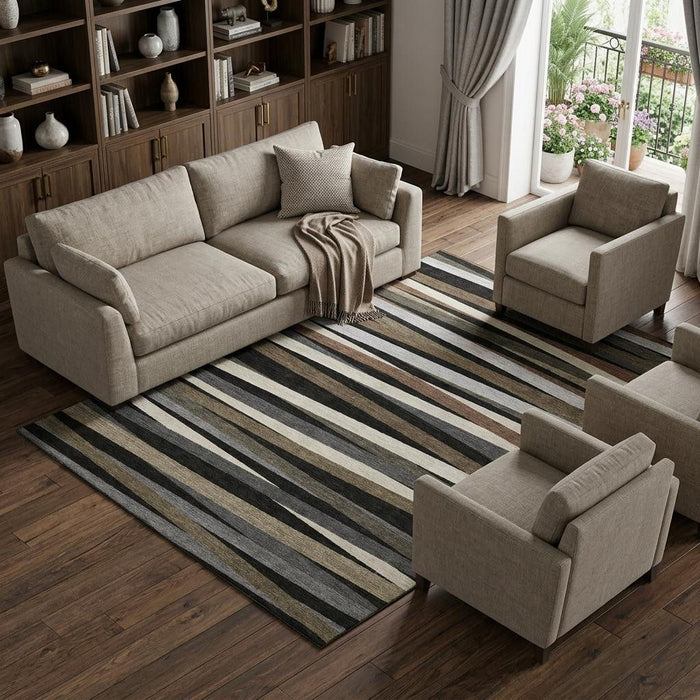 10' X 14' Striped Washable Area Rug With UV Protection (678466) - Black / Brown / Ivory