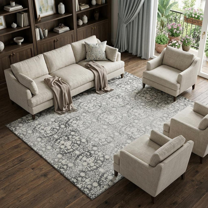 10' X 14' Damask Washable Area Rug With UV Protection (692076) - Charcoal / Ivory