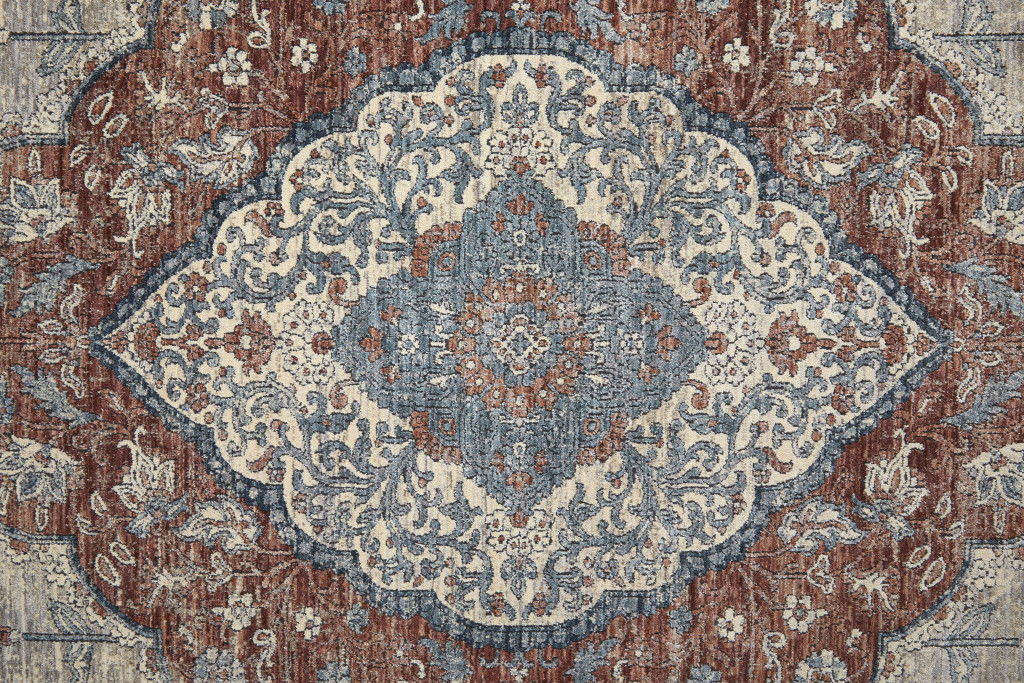 7' x 10' Floral Power Loom Stain Resistant Area Rug - Gray Red And Blue
