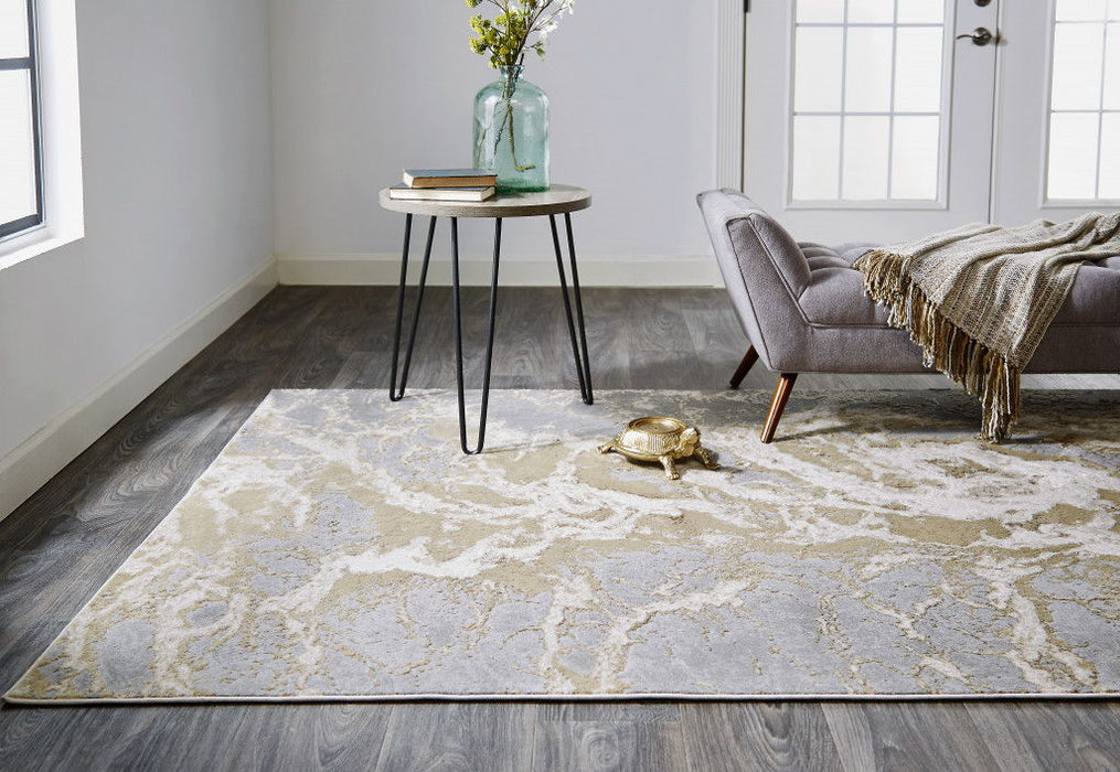 7' x 10' Abstract Stain Resistant Area Rug - Ivory Silver And Gold