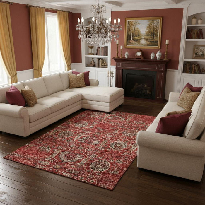 9' X 12' Floral Medallion Washable Area Rug With UV Protection (644591) - Red / Beige