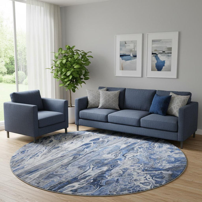 8' Abstract Washable Round Rug With UV Protection (650929) - Blue / Gray / Ivory