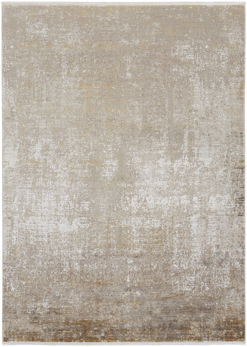 8' x 11' Abstract Area Rug With Fringe - Taupe Ivory And Gold