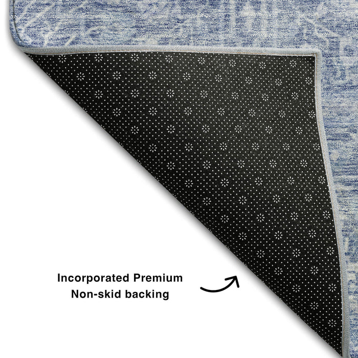 10' X 14' Floral Washable Area Rug With UV Protection (686024) - Denim Blue / Beige