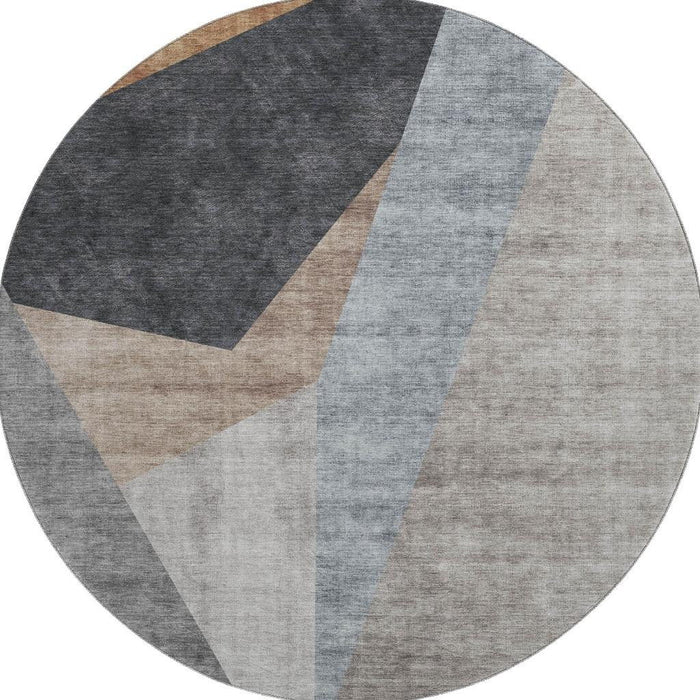 8' Geometric Washable Round Rug With UV Protection (657470) - Taupe / Blue / Beige