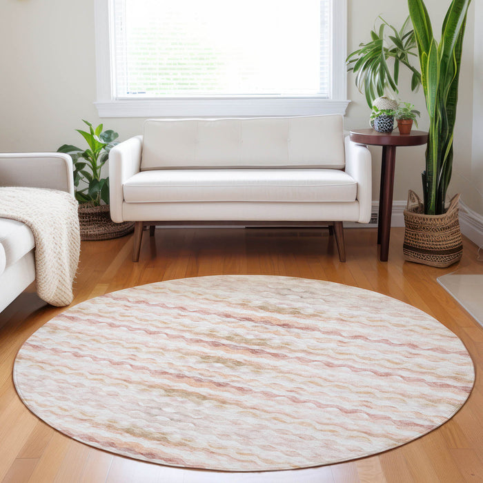 8' Geometric Washable Round Rug With UV Protection - Peach