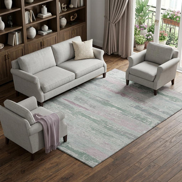 10' X 14' Striped Washable Area Rug With UV Protection (696518) - Pale Aqua / Sage / Ivory