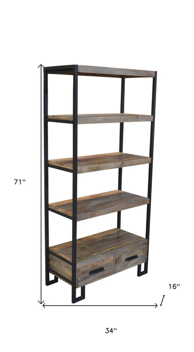 Four Tier Etagere Bookcase With Two Drawers - Brown
