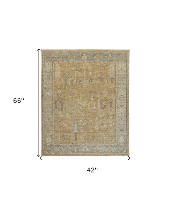 4' x 6' Wool Floral Hand Knotted Stain Resistant Area Rug With Fringe - Gold Blue And Gray