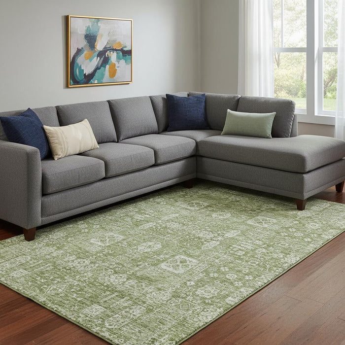 9' X 12' Floral Washable Area Rug With UV Protection (653349) - Artichoke Green / Ivory