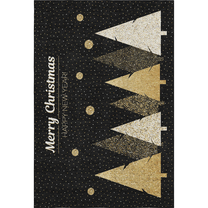 3' X 5' Christmas Tree Washable Area Rug With UV Protection (646464) - Black / Gold / Ivory
