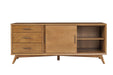 Brown HomeRoots TV stand with drawers and sliding door, showcasing a modern wood finish and ample storage space.
