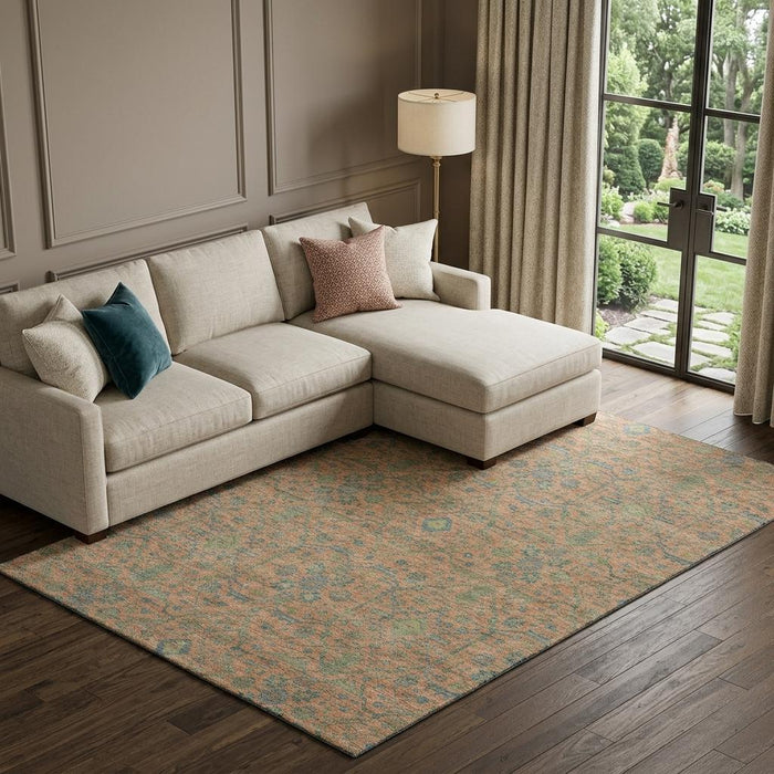 10' X 14' Oriental Washable Area Rug With UV Protection (685970) - Coral / Denim Blue / Green