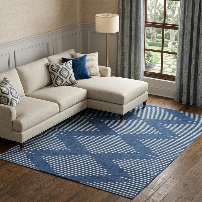 10' X 14' Geometric Washable Area Rug With UV Protection (679762) - Navy Blue / Ivory