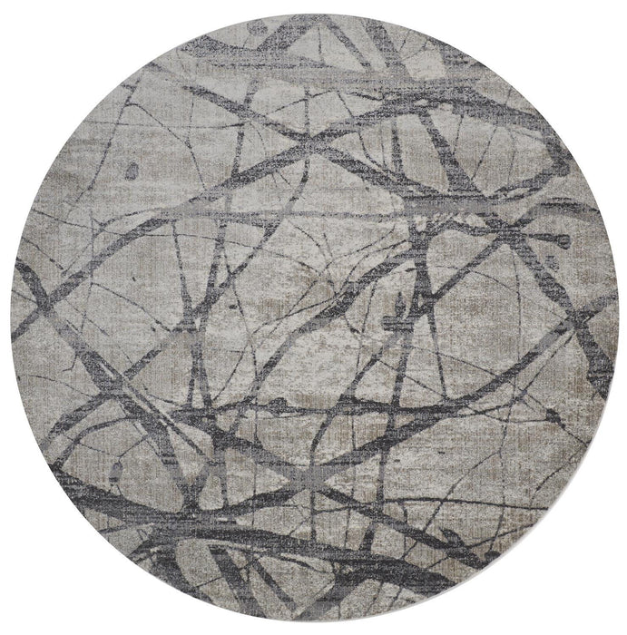 9' Round Abstract Stain Resistant Area Rug - Taupe Gray And Ivory