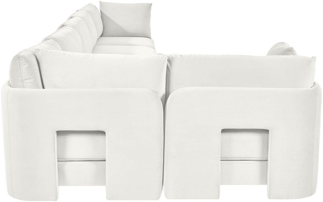 Meridian Furniture Hammond velvet performance fabric 6-piece L-shaped sectional sofa with plush upholstery and modern design.