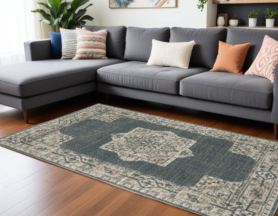 7.9' x 10.8' Oriental Power Loom Area Rug - Blue And Beige