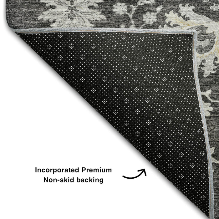 10' X 14' Floral Washable Area Rug With UV Protection (687047) - Charcoal / Gray / Silver
