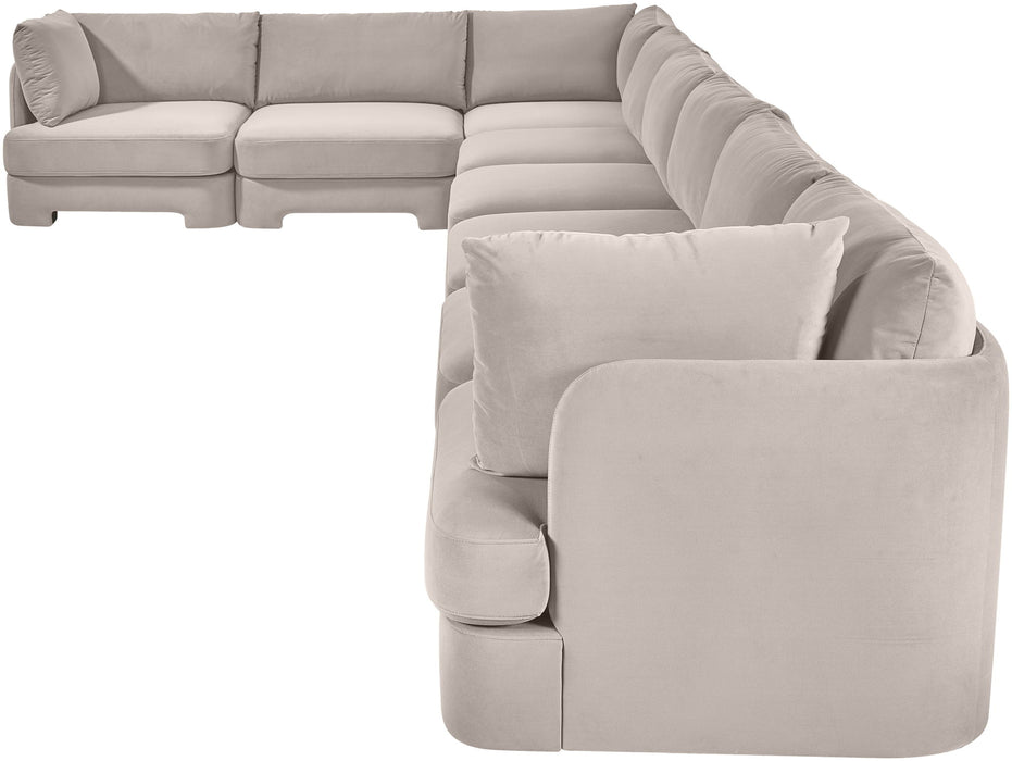 Meridian Furniture velvet upholstered 8-piece L-shaped sectional sofa in a stationary design with plush seating and modern style.