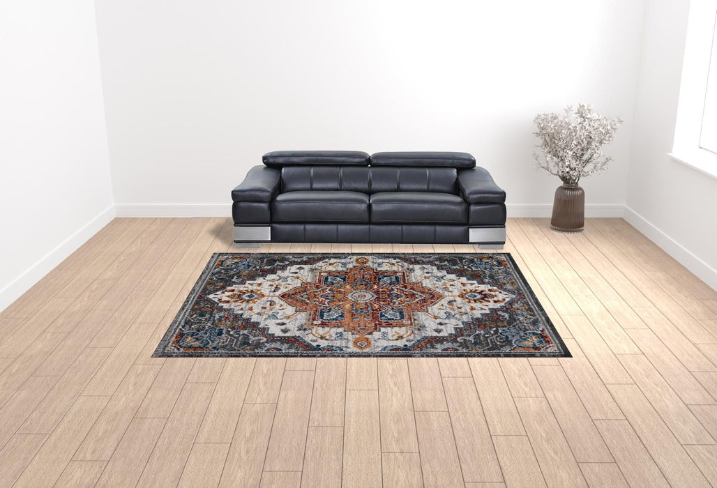 9' x 12' Medallion Power Loom Area Rug - Gray Rust And Orange