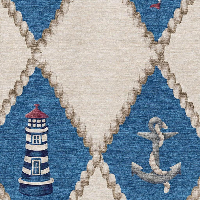 9' X 12' Nautical Washable Area Rug With UV Protection - Ivory And Red