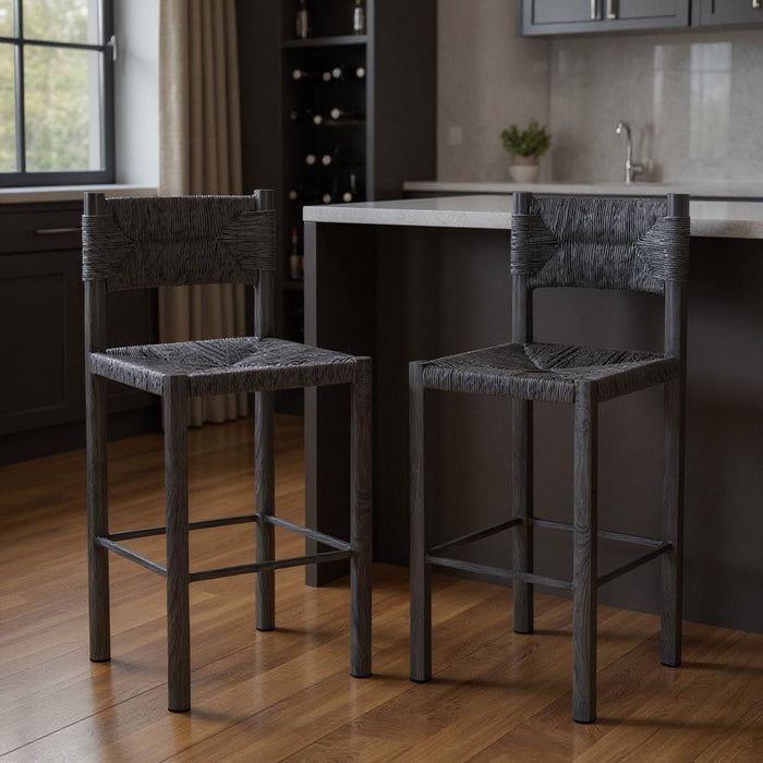 Set of two black rattan aluminum low back bar height chairs by HomeRoots, perfect for modern bar or counter seating.