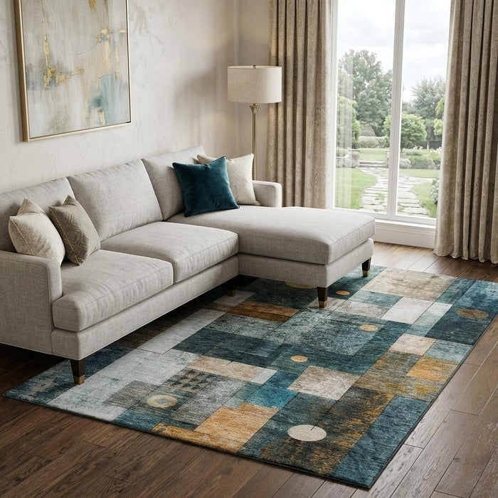 10' X 14' Geometric Washable Area Rug With UV Protection (685264) - Teal / Brown / Ivory