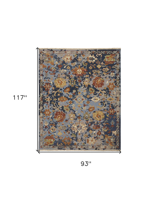 8' x 10' Wool Floral Hand Knotted Area Rug With Fringe - Blue Gray And Red