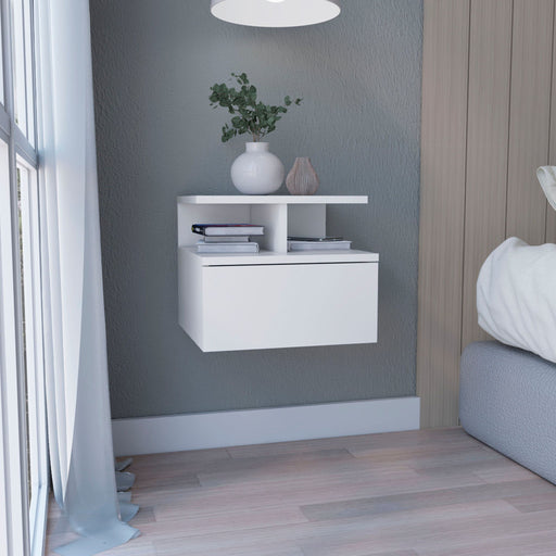 White floating wall-mounted Giga accent nightstand with a single drawer and two-tier shelf, sleek and modern bedroom storage.