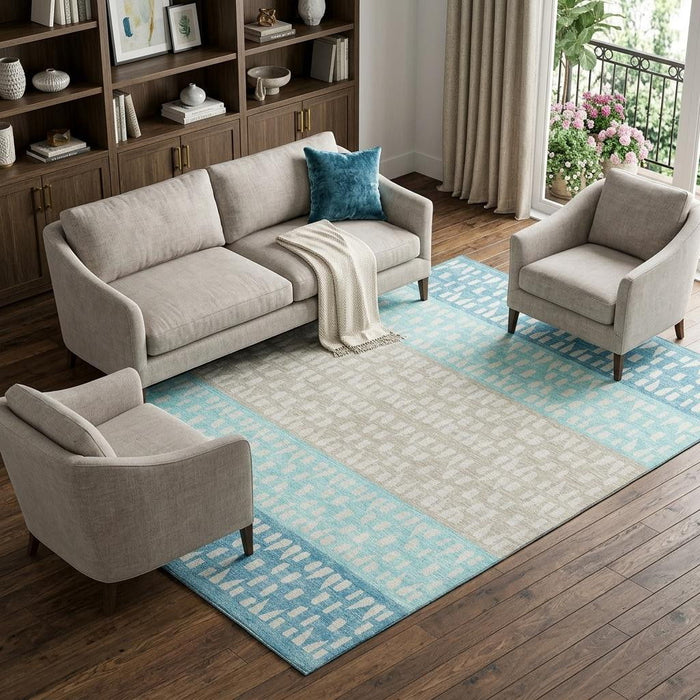 10' X 14' Geometric Washable Area Rug With UV Protection (676368) - Teal / Beige / Ivory