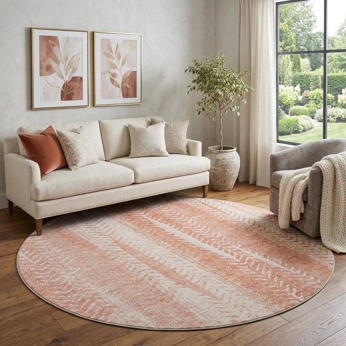 8' Striped Washable Round Rug With UV Protection (656522) - Coral / Ivory