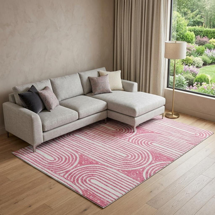 10' X 14' Geometric Distressed Washable Area Rug With UV Protection (648238) - Blush / Ivory