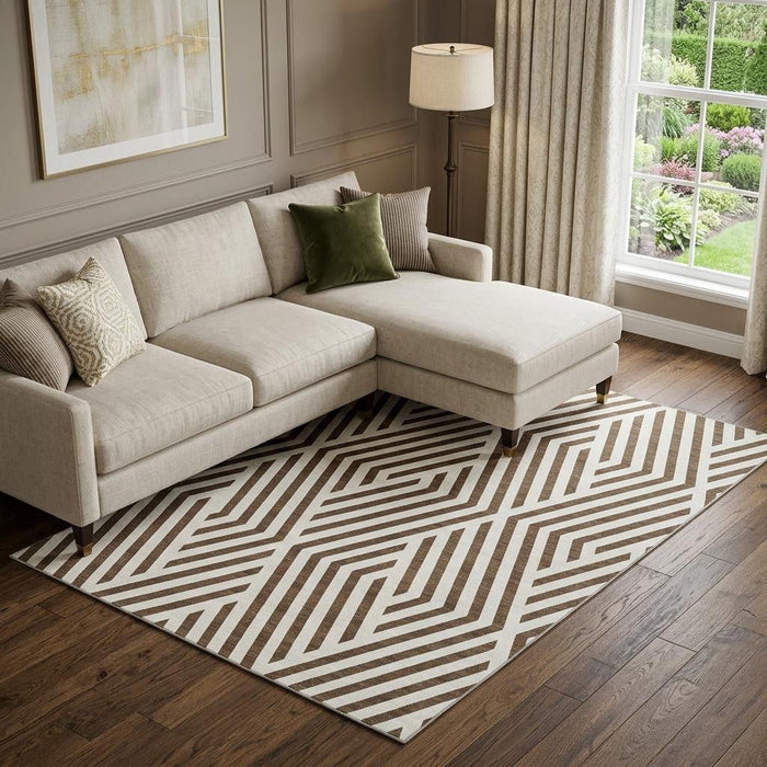 10' X 14' Geometric Washable Area Rug With UV Protection (648526) - Brown / Ivory