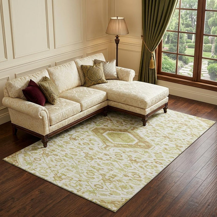 10' X 14' Floral Washable Area Rug With UV Protection (691794) - Ivory / Salmon / Artichoke Green