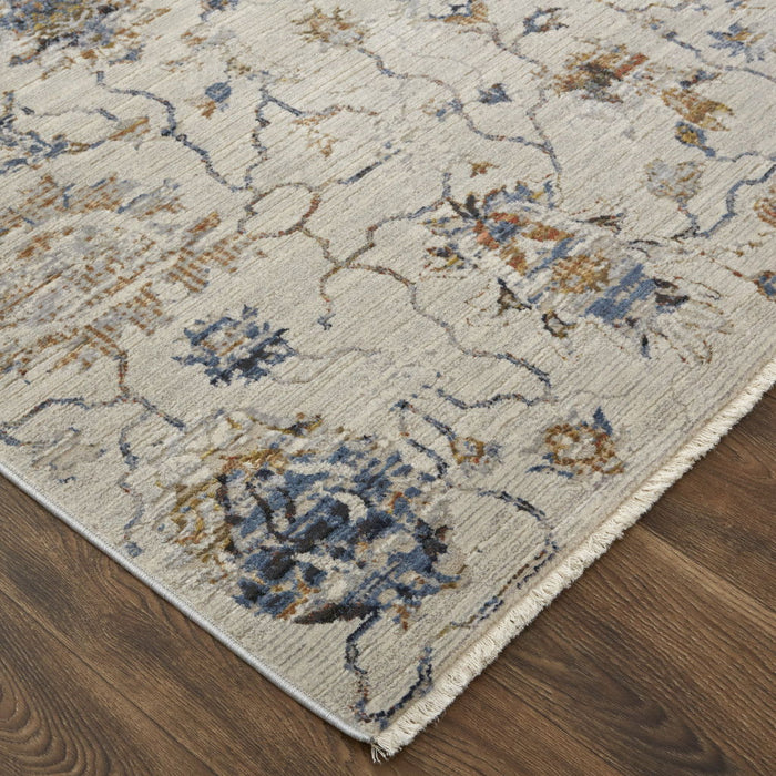 7.8' x 9.5' Floral Power Loom Distressed Area Rug With Fringe - Ivory Orange And Blue