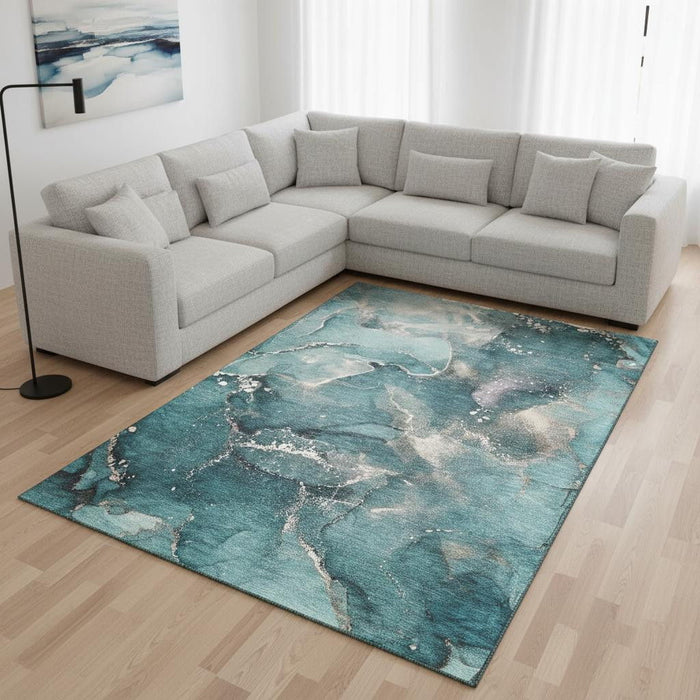 10' X 14' Abstract Washable Area Rug With UV Protection (647254) - Teal / Ivory