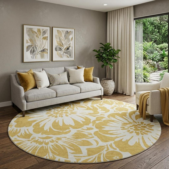 8' Floral Washable Round Rug With UV Protection (648643) - Gold / Ivory