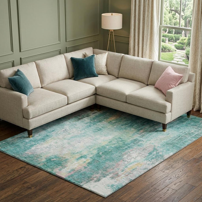 10' X 14' Abstract Washable Area Rug With UV Protection (695726) - Teal / Peach / Ivory