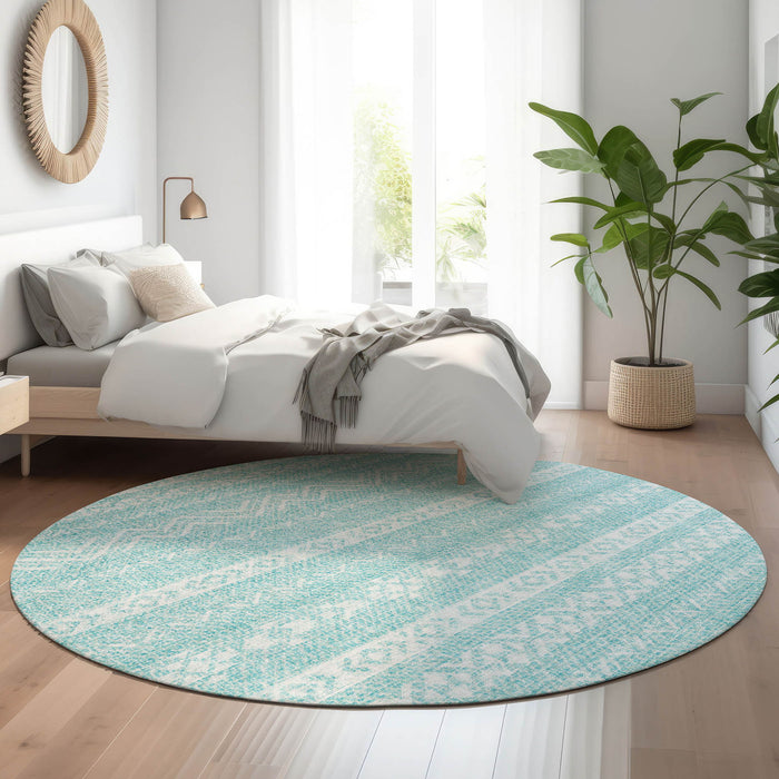 8' Southwestern Washable Round Rug With UV Protection - Teal / Ivory