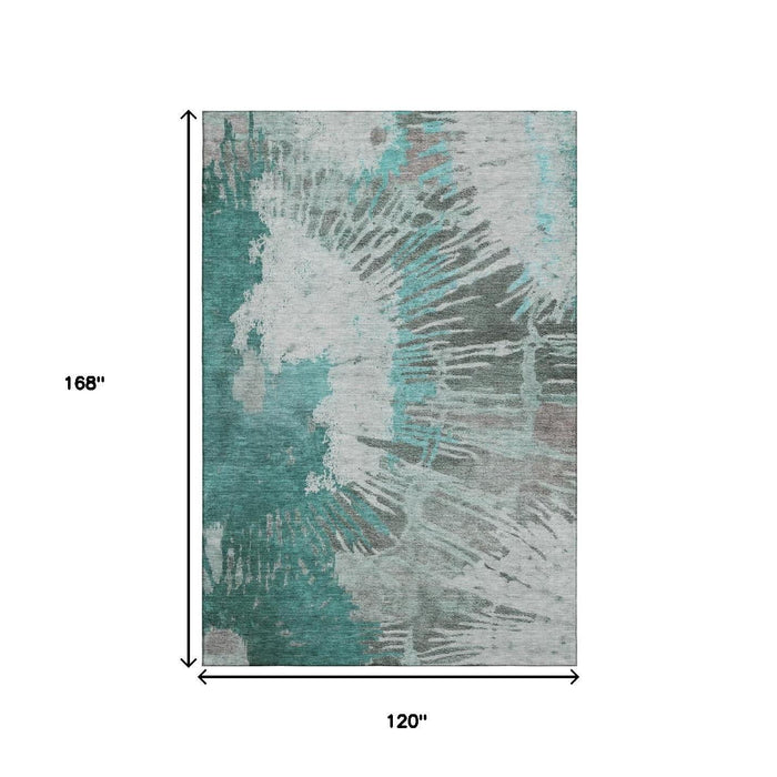 10' X 14' Abstract Washable Area Rug With UV Protection (653644) - Teal / Ivory / Gray