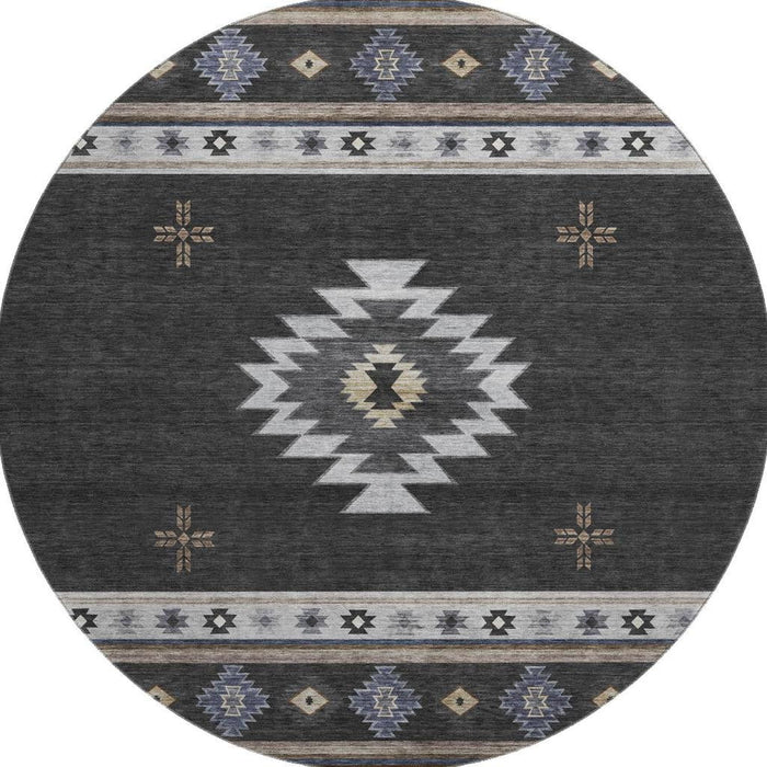 8' Geometric Washable Round Rug With UV Protection (645687) - Midnight / Ivory / Beige
