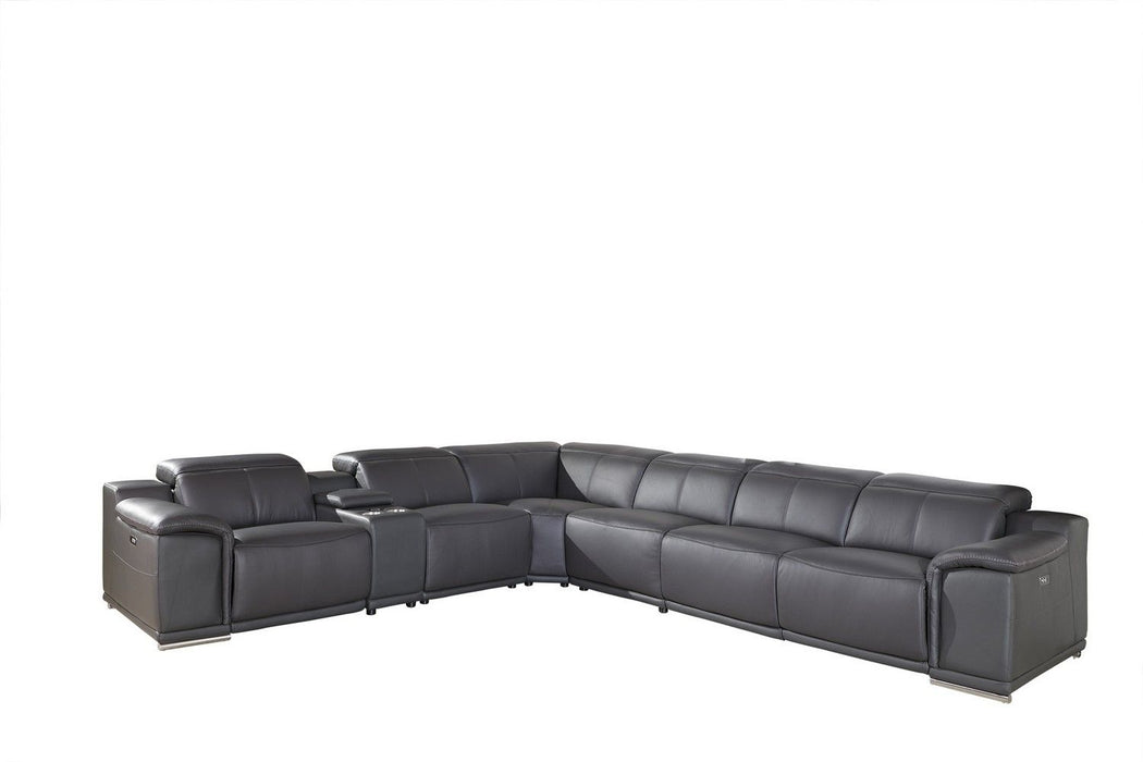 Italian Leather Power Reclining Seven Piece Corner Sectional With Console - Gray