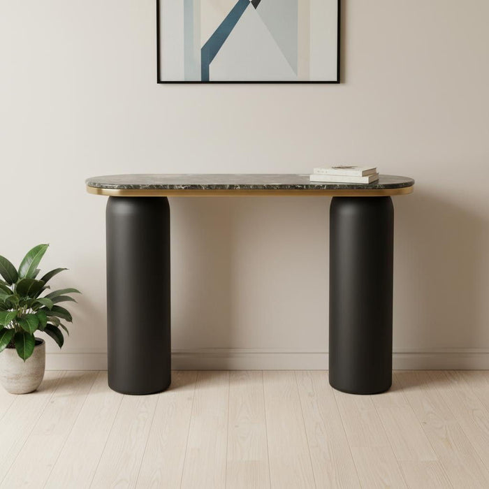 Genuine Marble Double Pedestal Console Table - Black / Gold
