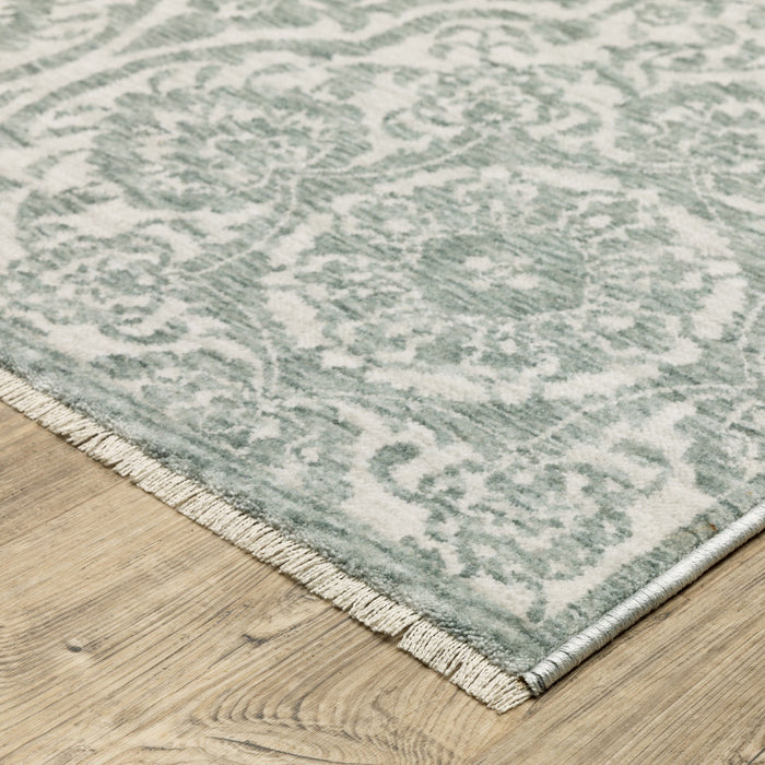 7' X 10' Medallion Area Rug With Fringe (575121) - Teal / Ivory