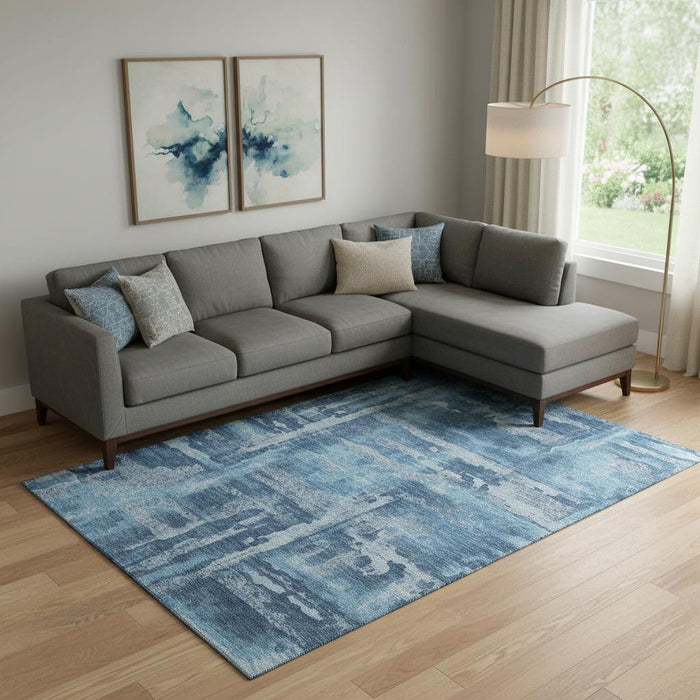 10' X 14' Abstract Washable Area Rug With UV Protection (714649) - Denim Blue / Sky Blue